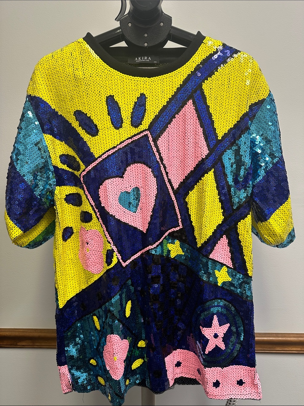 AKIRA Yellow Sequin Graphic Heart & Star Hoodie Top